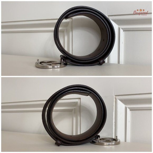 Authentic Gucci Brown Calfskin Leather Silver Interlocking G Buckle Belt 85/34 - Picture 9 of 13